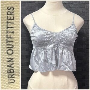 Urban Outfitters Smocked‎ Ruffle Cami Top Silver Satin Slip Camisole S